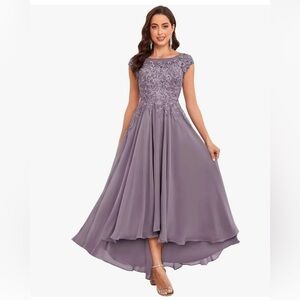 Tea Length Dress - Chiffon Lace Appliques Formal Evening Dress with Pockets